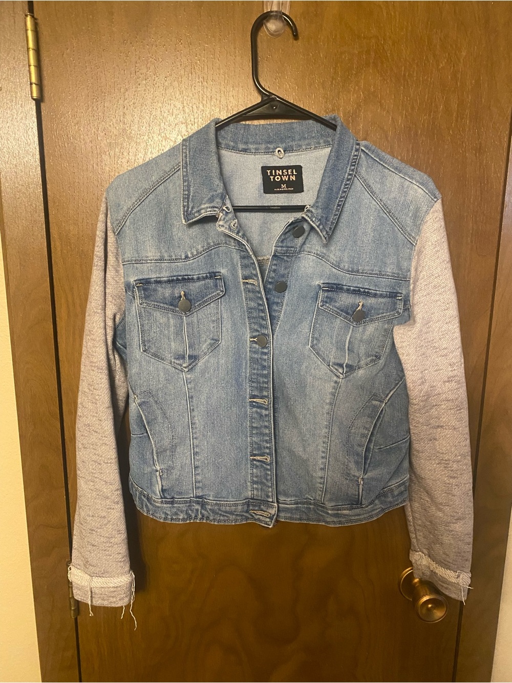 Tinseltown Light Blue Denim Jacket with Heather Gray Knit Sleeves